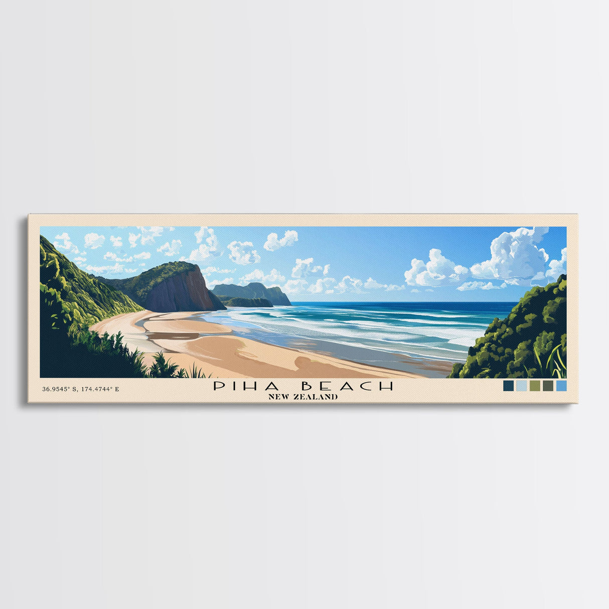 Piha Beach, New Zealand Panoramic Print, Vacation Gift, New Zealand Wall Art, Beach Painting, Beach Decor, Beach Or Lakehouse Art