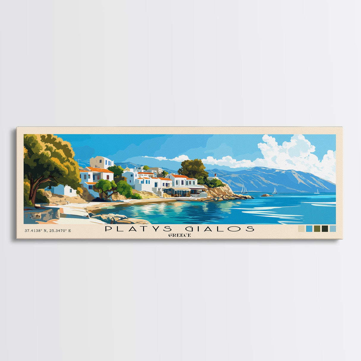 Platys Gialos, Greece Panoramic Beach Print, Vacation Gift, Greece Wall Art, Beach Painting, Beach Decor, Beach Painting