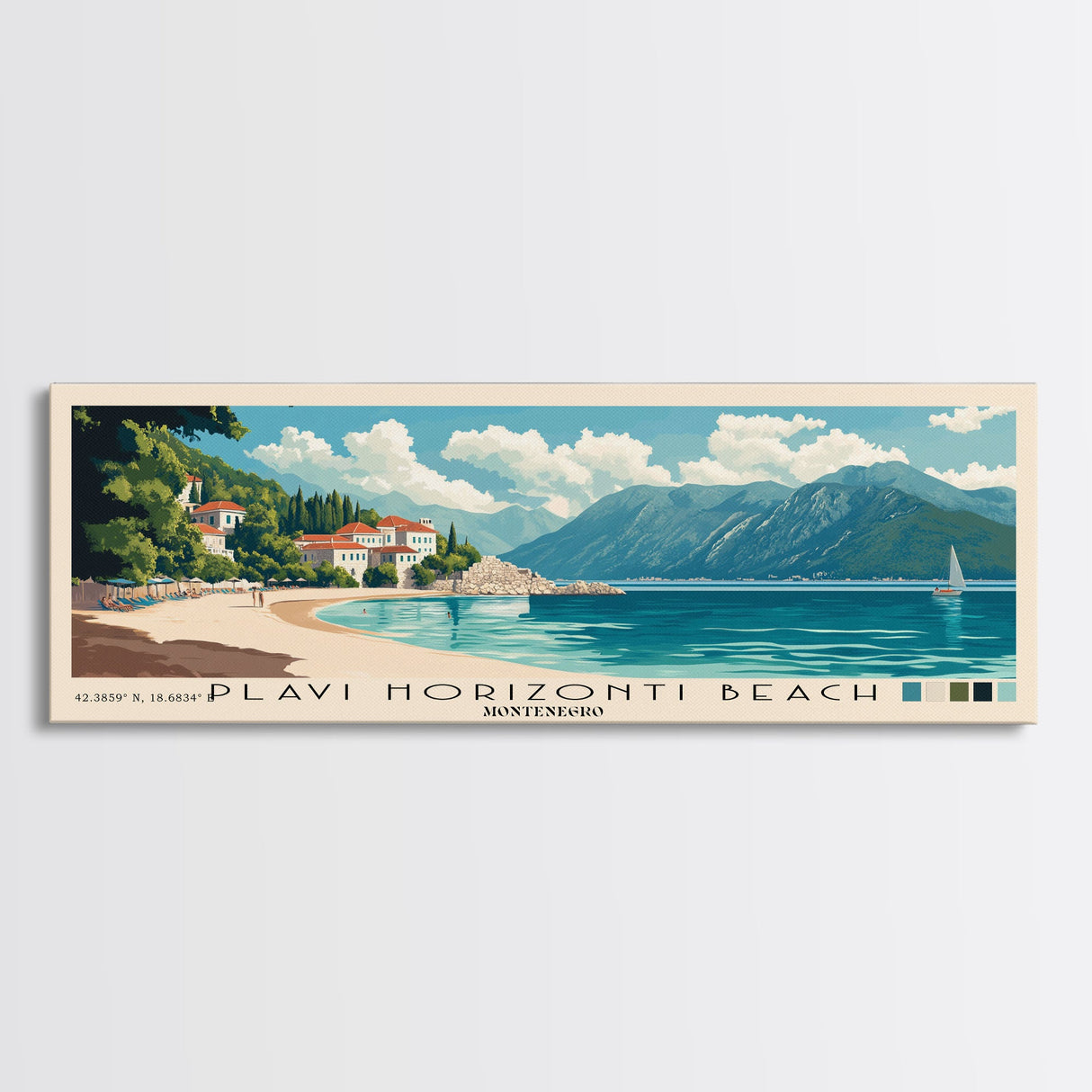 Plavi Horizonti Beach, Montenegro Panoramic Print, Vacation Gift, Montenegro Wall Art, Beach Painting, Beach Decor, Large Wall Art, Wood Frame Art