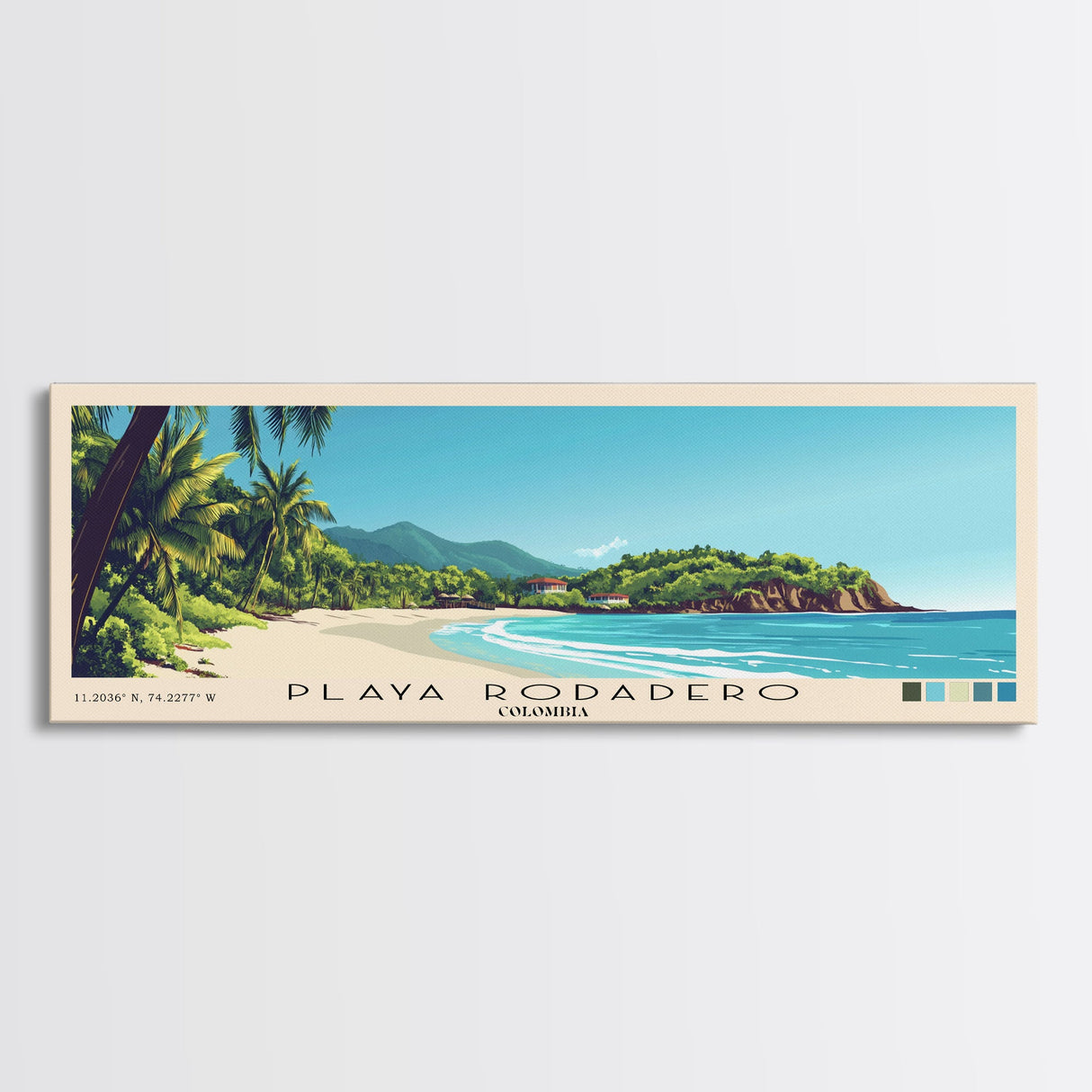 Playa Rodadero, Colombia Panoramic Beach Print, Vacation Gift, Colombia Wall Art, Framed Canvas Print, Framed Beach Painting