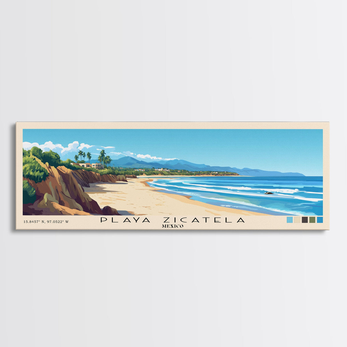 Playa Zicatela, Mexico Panoramic Print, Vacation Gift, Mexico Wall Art, Beach Painting, Beach Decor, Large Wall Art, Wood Frame Art