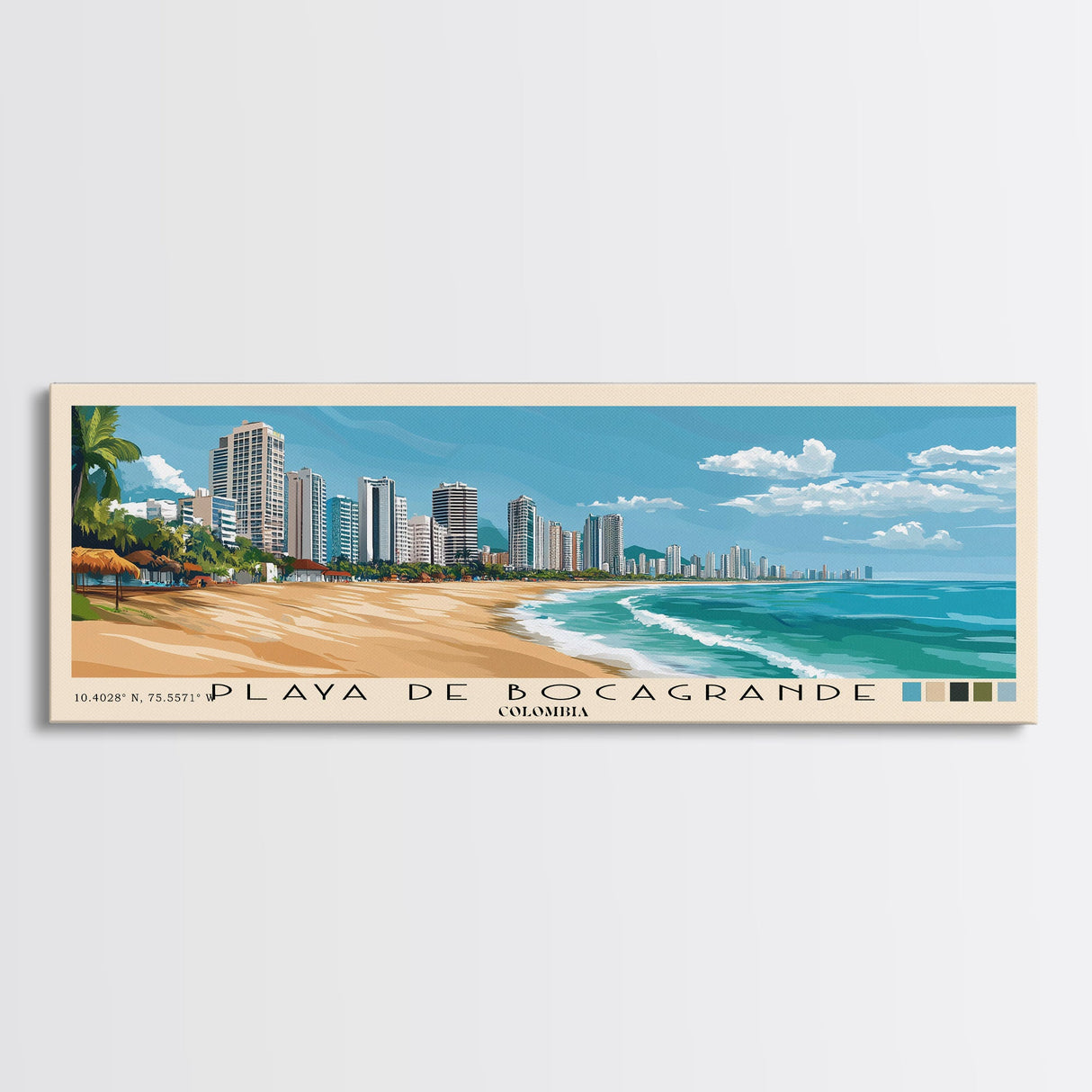 Playa de Bocagrande, Colombia Panoramic Beach Print, Vacation Gift, Colombia Wall Art, Framed Canvas Print, Framed Beach Painting