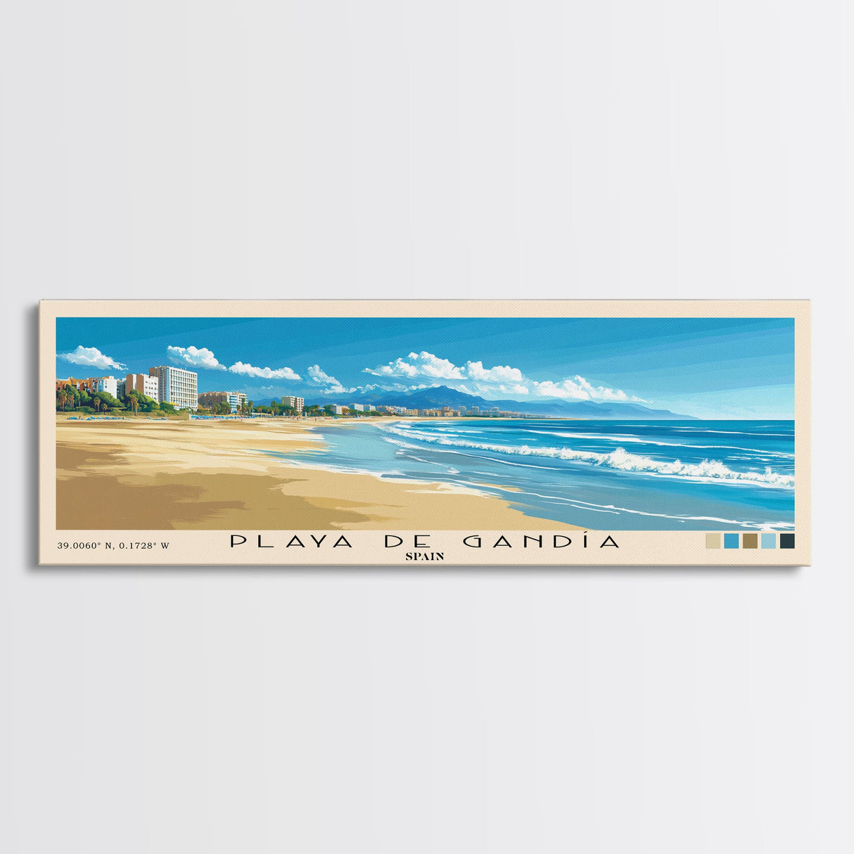 Playa de Gandía, Spain Panoramic Beach Print, Vacation Gift, Spain Wall Art, Beach Painting, Beach Decor, Beach Painting