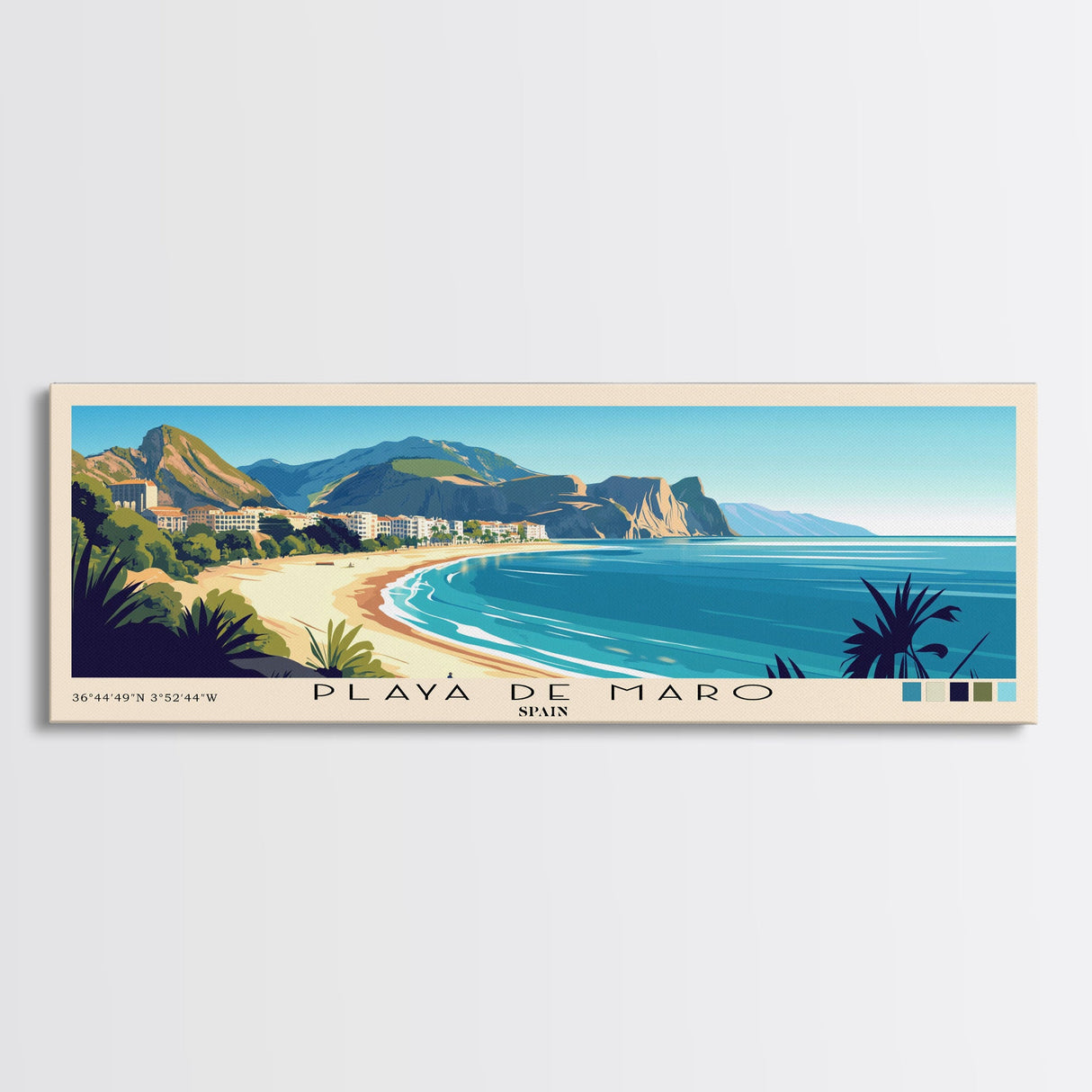 Playa de Maro, Spain Panoramic Print, Vacation Gift, Spain Wall Art, Beach Painting, Beach Decor, Large Wall Art, Wood Frame Art