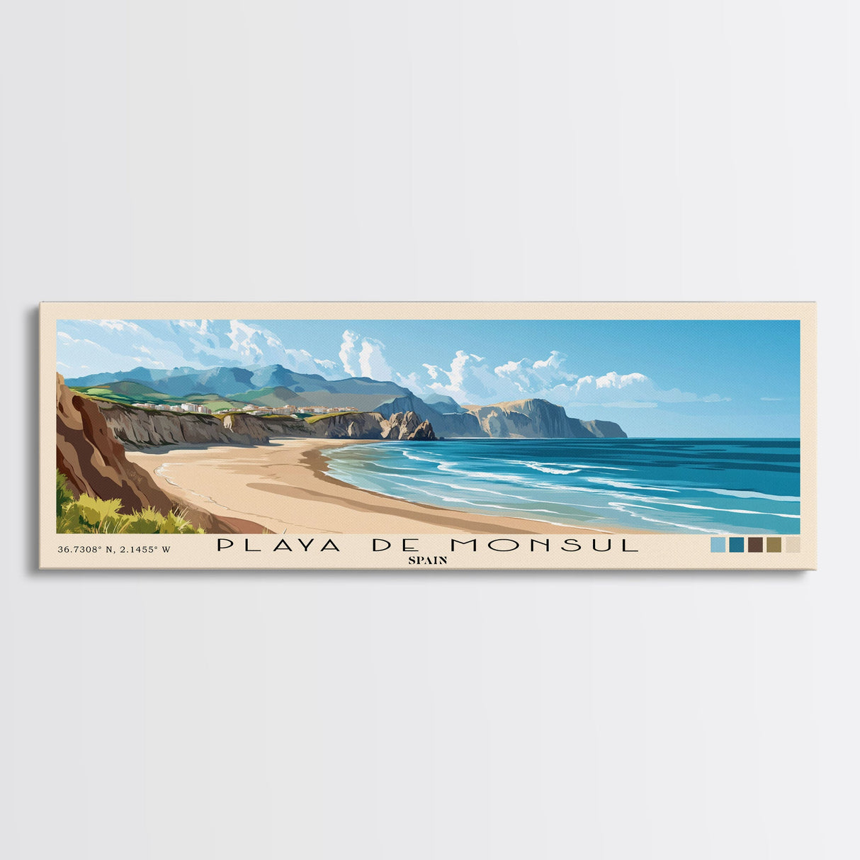 Playa de Monsul, Spain Panoramic Beach Print, Vacation Gift, Spain Wall Art, Framed Canvas Print, Framed Beach Painting