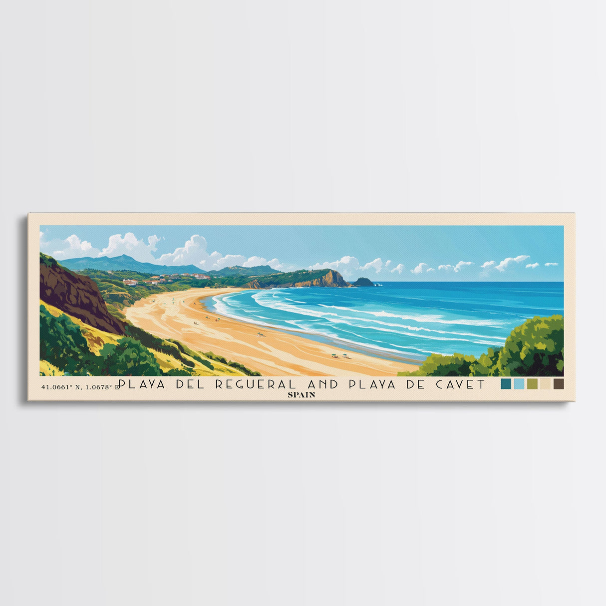 Playa del Regueral and Playa de Cavet, Spain Panoramic Print, Vacation Gift, Spain Wall Art, Beach Painting, Beach Decor, Large Wall Art, Wood Frame Art