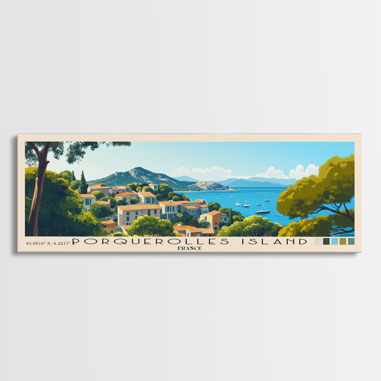 Porquerolles Island, France Panoramic Print, Vacation Gift, France Wall Art, Beach Painting, Beach Decor, Large Wall Art, Wood Frame Art