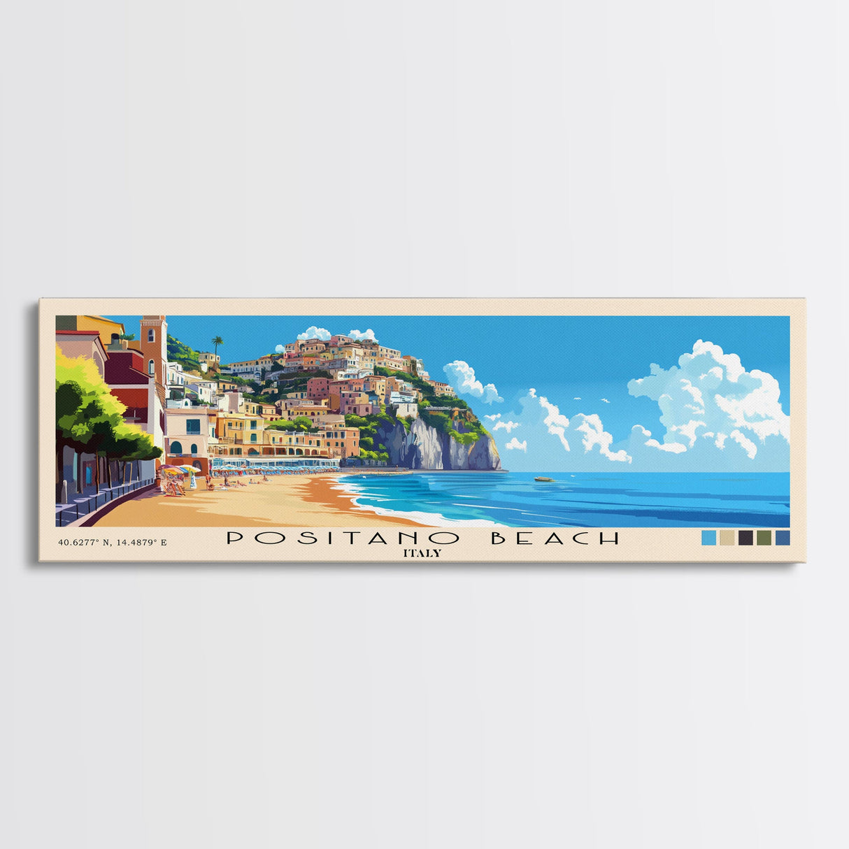 Positano Beach, Italy Panoramic Print, Vacation Gift, Italy Wall Art, Beach Painting, Beach Decor, Beach Or Lakehouse Art