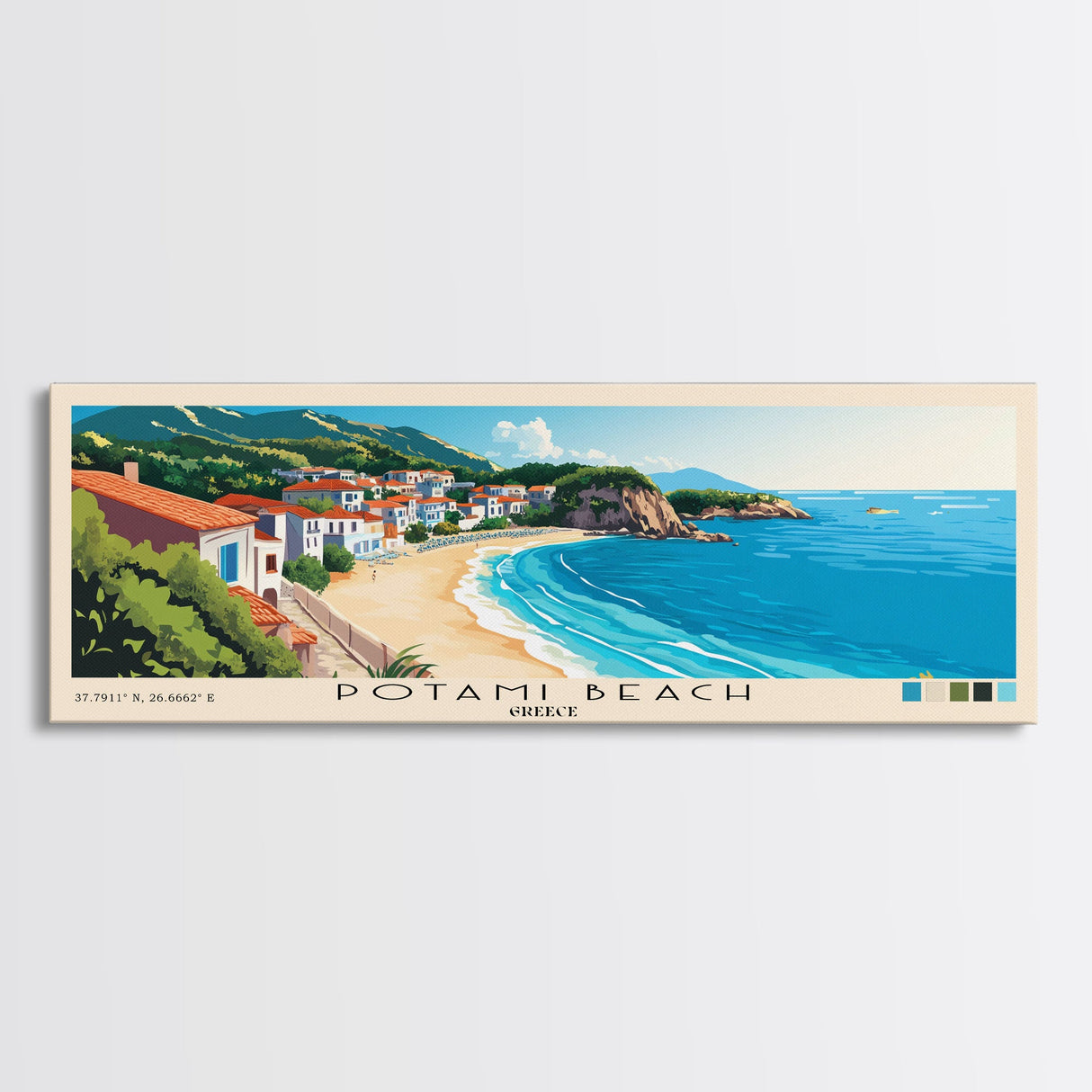 Potami Beach, Greece Panoramic Beach Print, Vacation Gift, Greece Wall Art, Framed Canvas Print, Framed Beach Painting