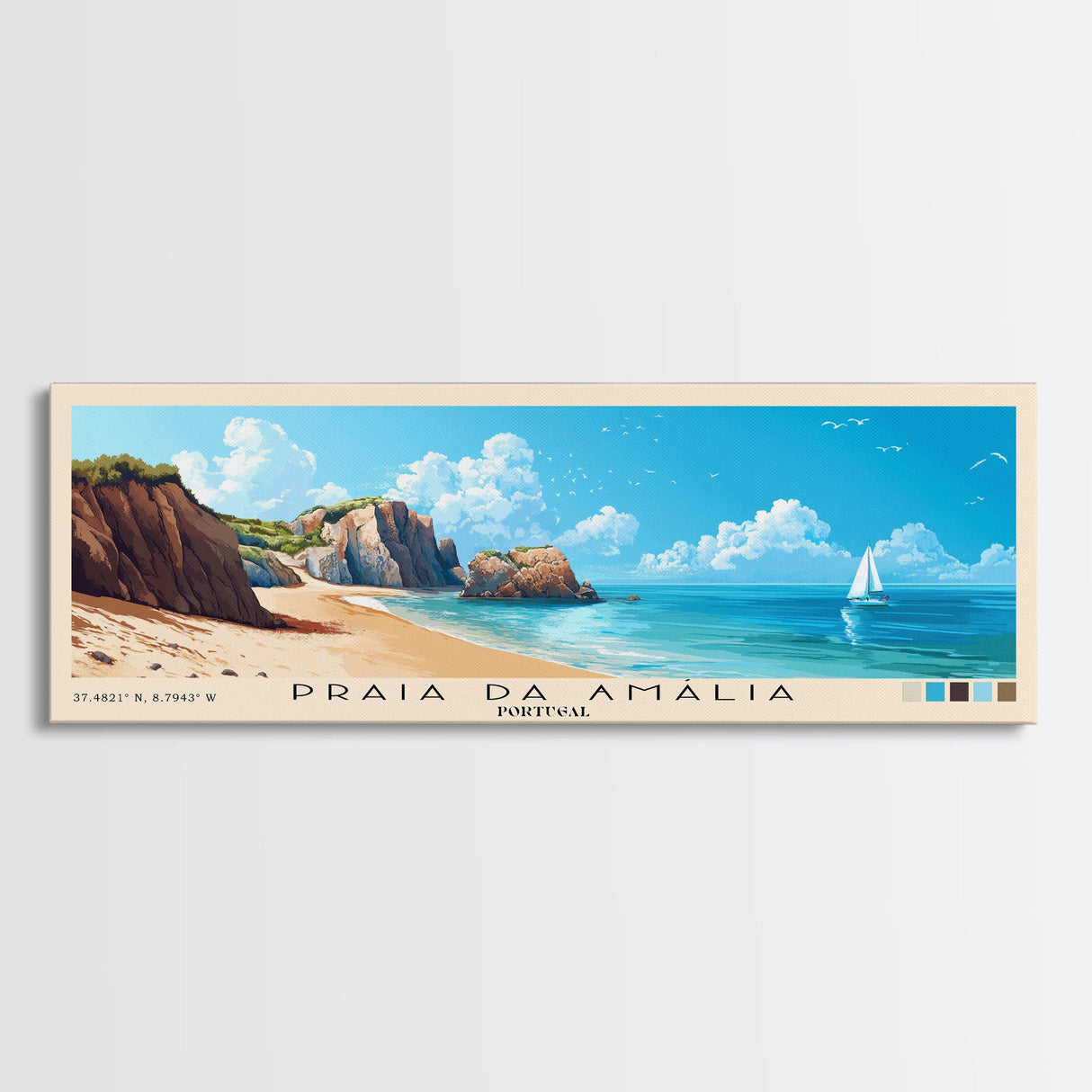 Praia da Amália, Portugal Panoramic Beach Print, Vacation Gift, Portugal Wall Art, Beach Painting, Beach Decor, Beach Painting