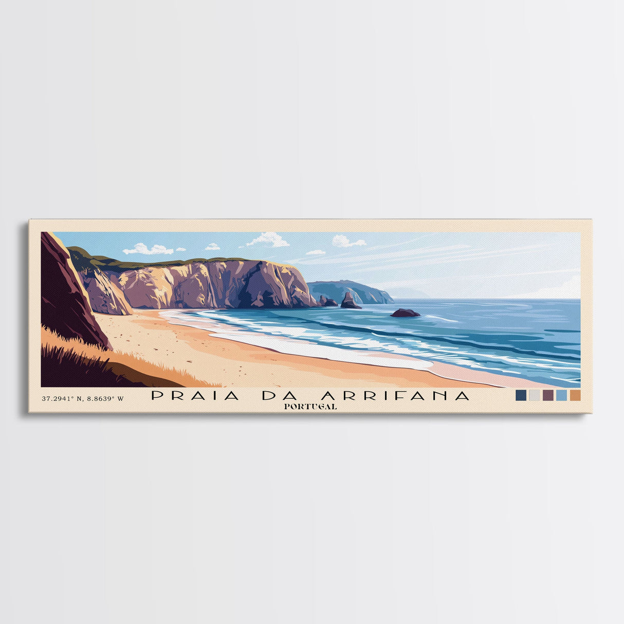 Praia da Arrifana, Portugal Panoramic Print, Vacation Gift, Portugal Wall Art, Beach Painting, Beach Decor, Large Wall Art, Wood Frame Art