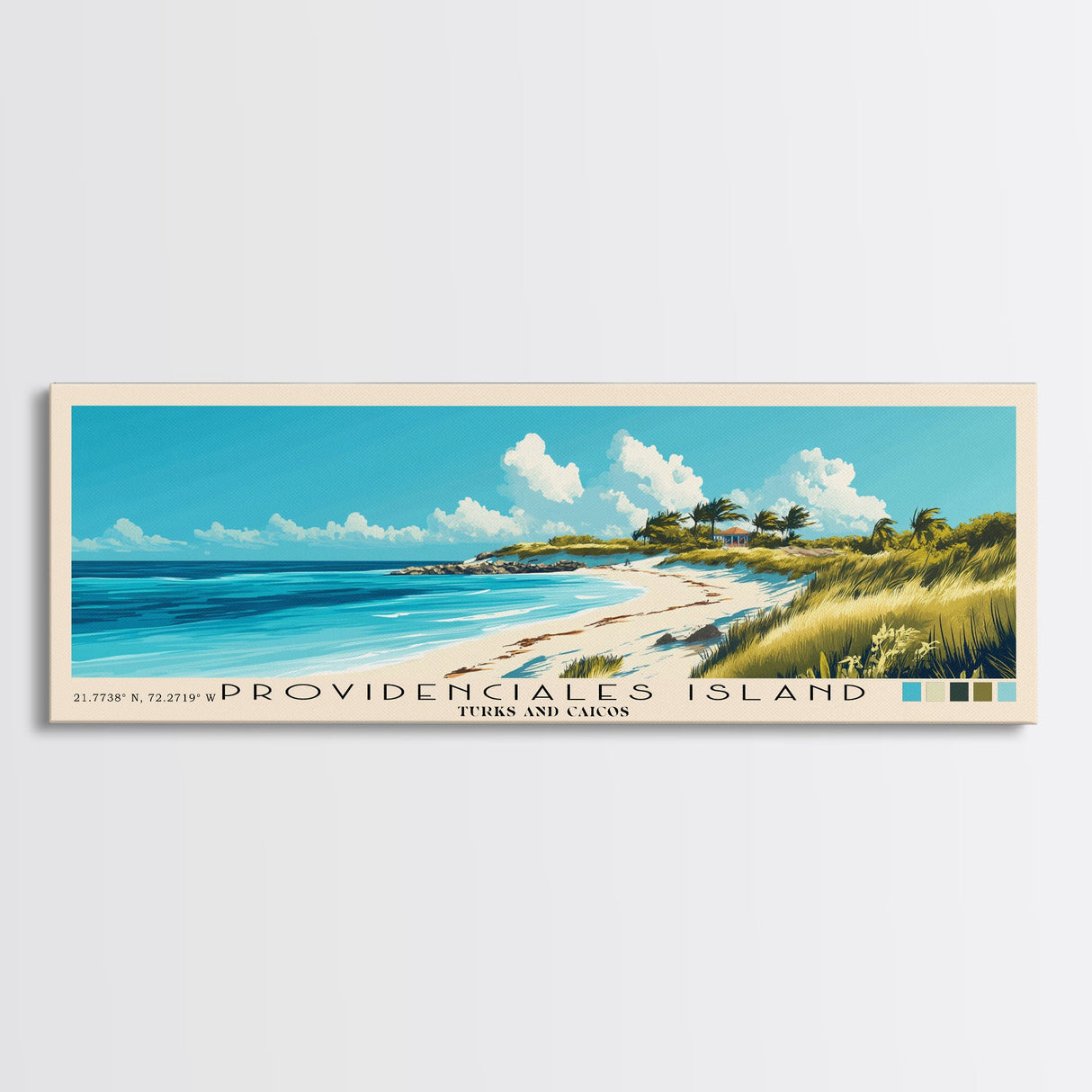 Providenciales Island, Turks and Caicos Panoramic Print, Vacation Gift, Turks and Caicos Wall Art, Beach Painting, Beach Decor, Large Wall Art, Wood Frame Art