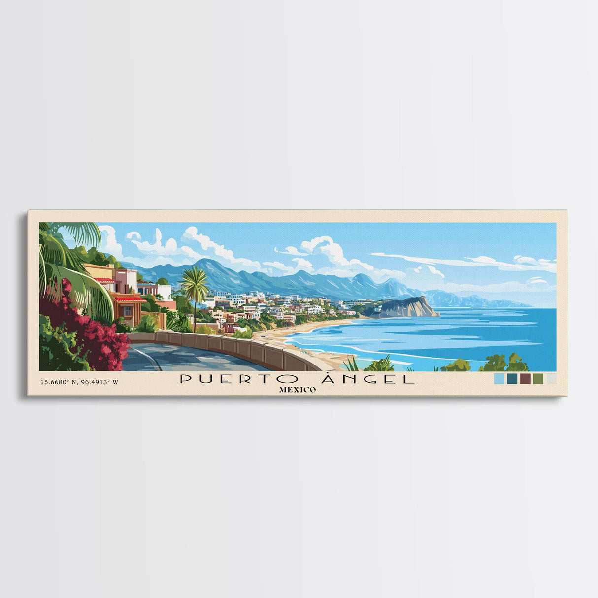 Puerto Ángel, Mexico Panoramic Beach Print, Vacation Gift, Mexico Wall Art, Framed Canvas Print, Framed Beach Painting