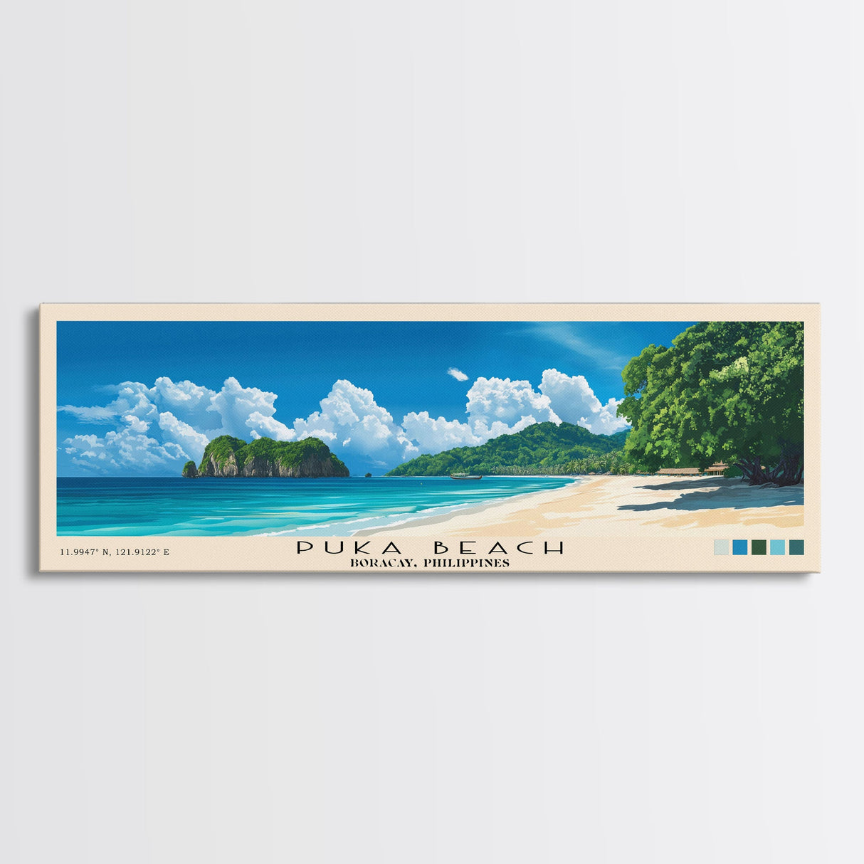 Puka Beach, Boracay, Philippines Panoramic Beach Print, Vacation Gift, Boracay, Philippines Wall Art, Framed Canvas Print, Framed Beach Painting