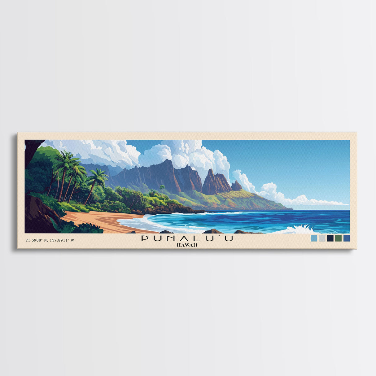 Punalu’u, Hawaii Panoramic Beach Print, Vacation Gift, Hawaii Wall Art, Framed Canvas Print, Framed Beach Painting