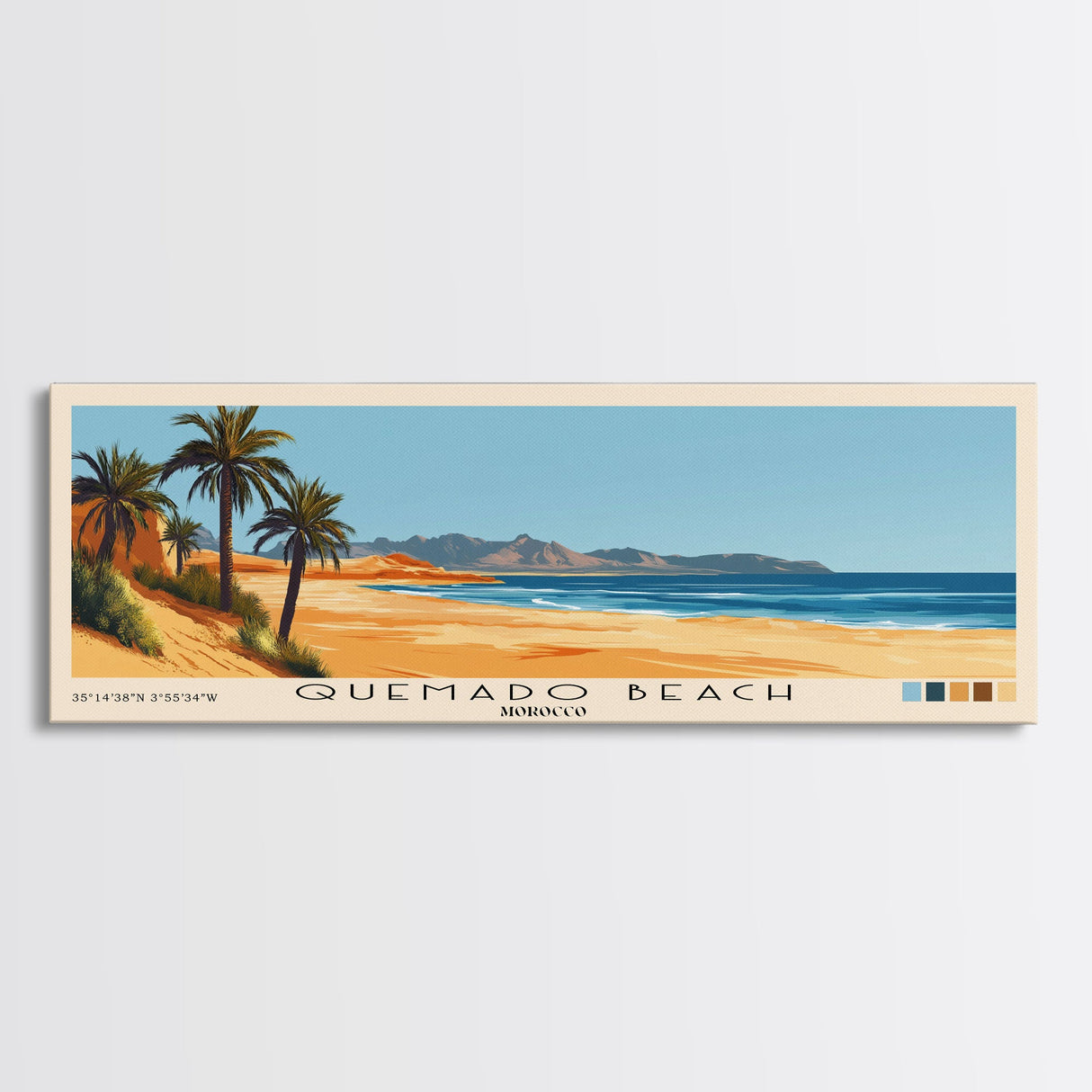 Quemado Beach, Morocco Panoramic Print, Vacation Gift, Morocco Wall Art, Beach Painting, Beach Decor, Large Wall Art, Wood Frame Art