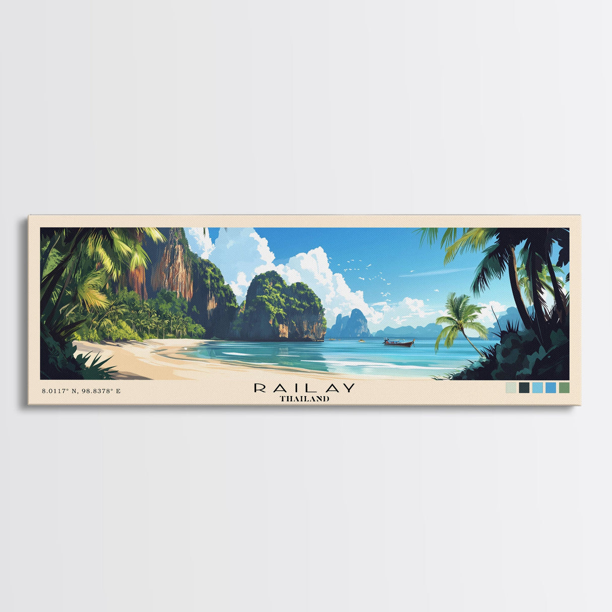 Railay, Thailand Panoramic Print, Vacation Gift, Thailand Wall Art, Beach Painting, Beach Decor, Large Wall Art, Wood Frame Art