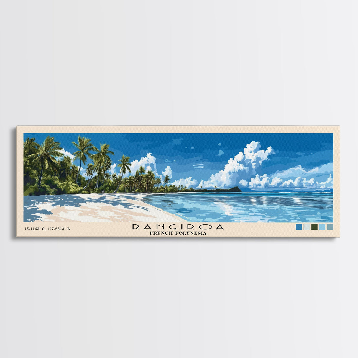 Rangiroa, French Polynesia Panoramic Beach Print, Vacation Gift, French Polynesia Wall Art, Framed Canvas Print, Framed Beach Painting