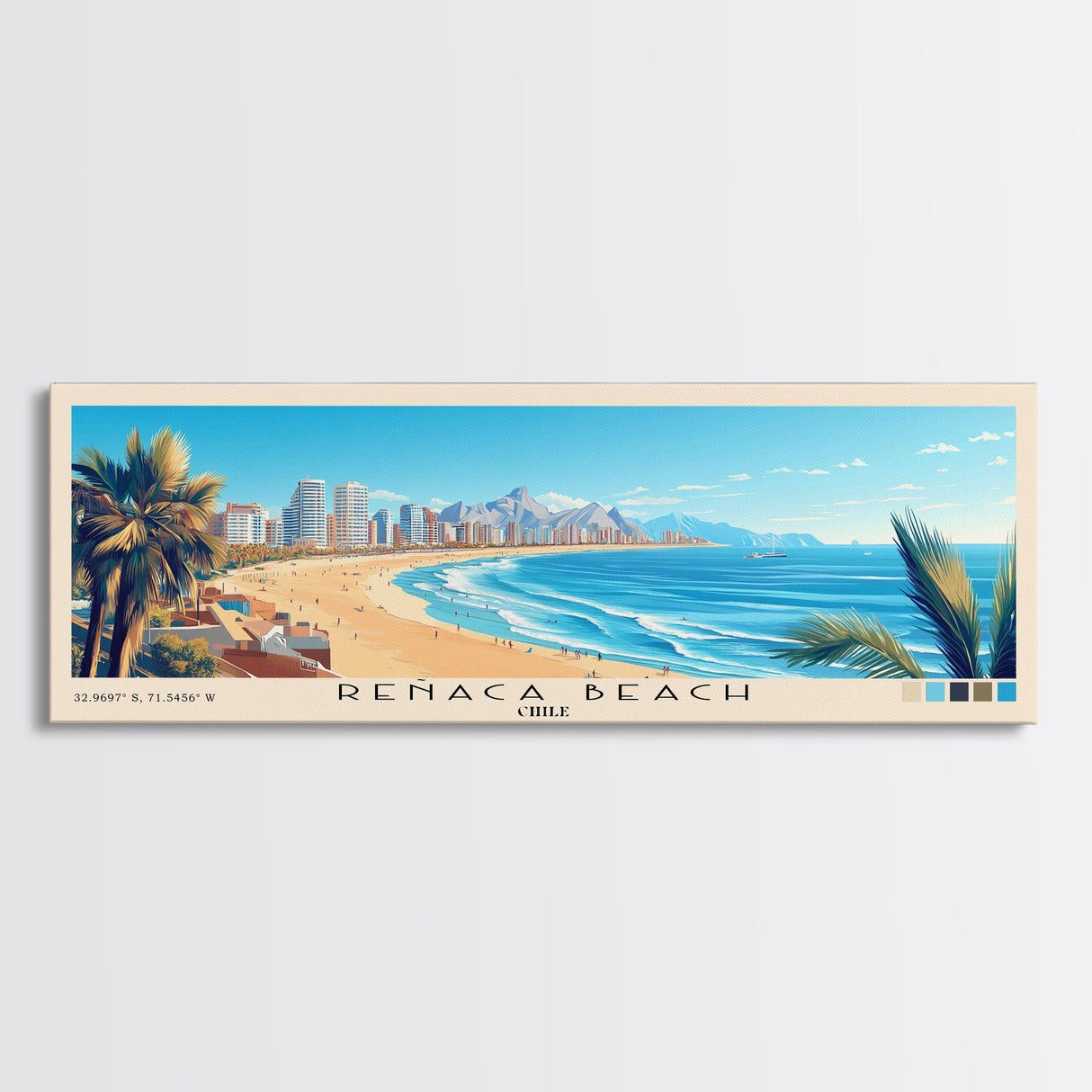 Reñaca beach, Chile Panoramic Print, Vacation Gift, Chile Wall Art, Beach Painting, Beach Decor, Large Wall Art, Wood Frame Art