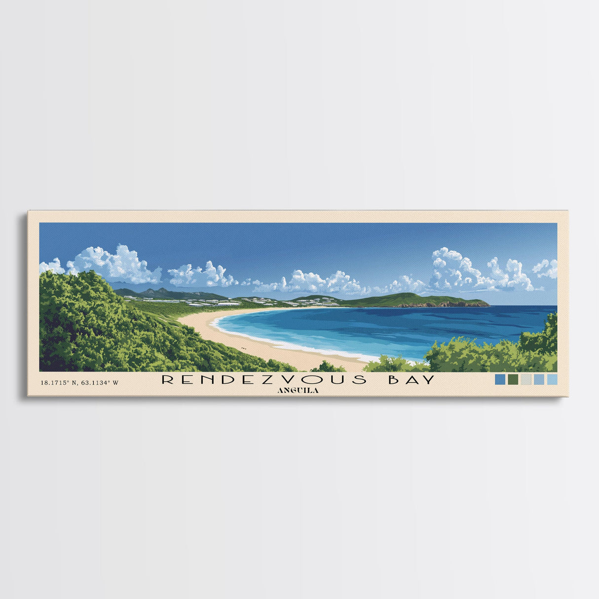 Rendezvous Bay, Anguila Panoramic Beach Print, Vacation Gift, Anguila Wall Art, Framed Canvas Print, Framed Beach Painting