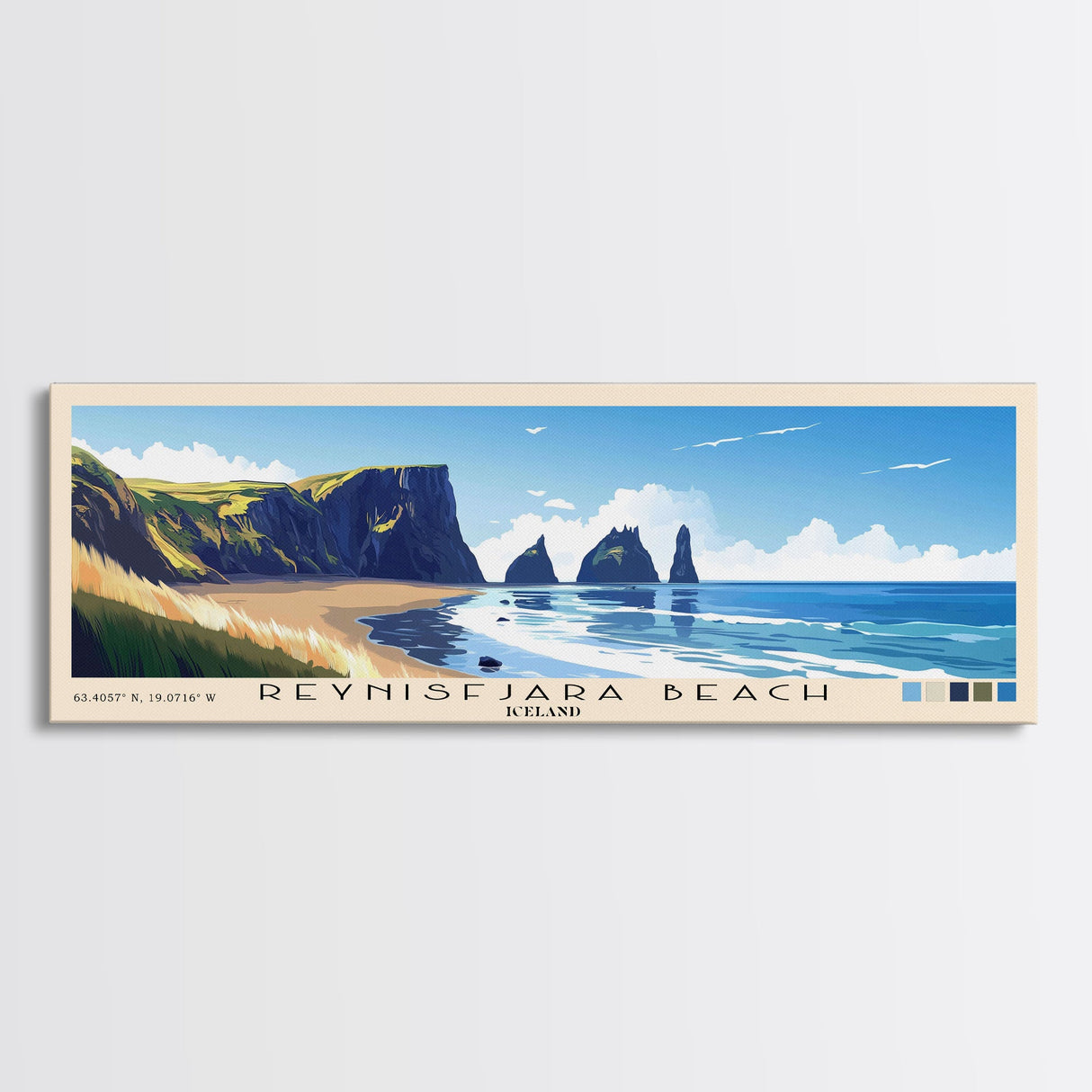 Reynisfjara Beach, Iceland Panoramic Beach Print, Vacation Gift, Iceland Wall Art, Framed Canvas Print, Framed Beach Painting