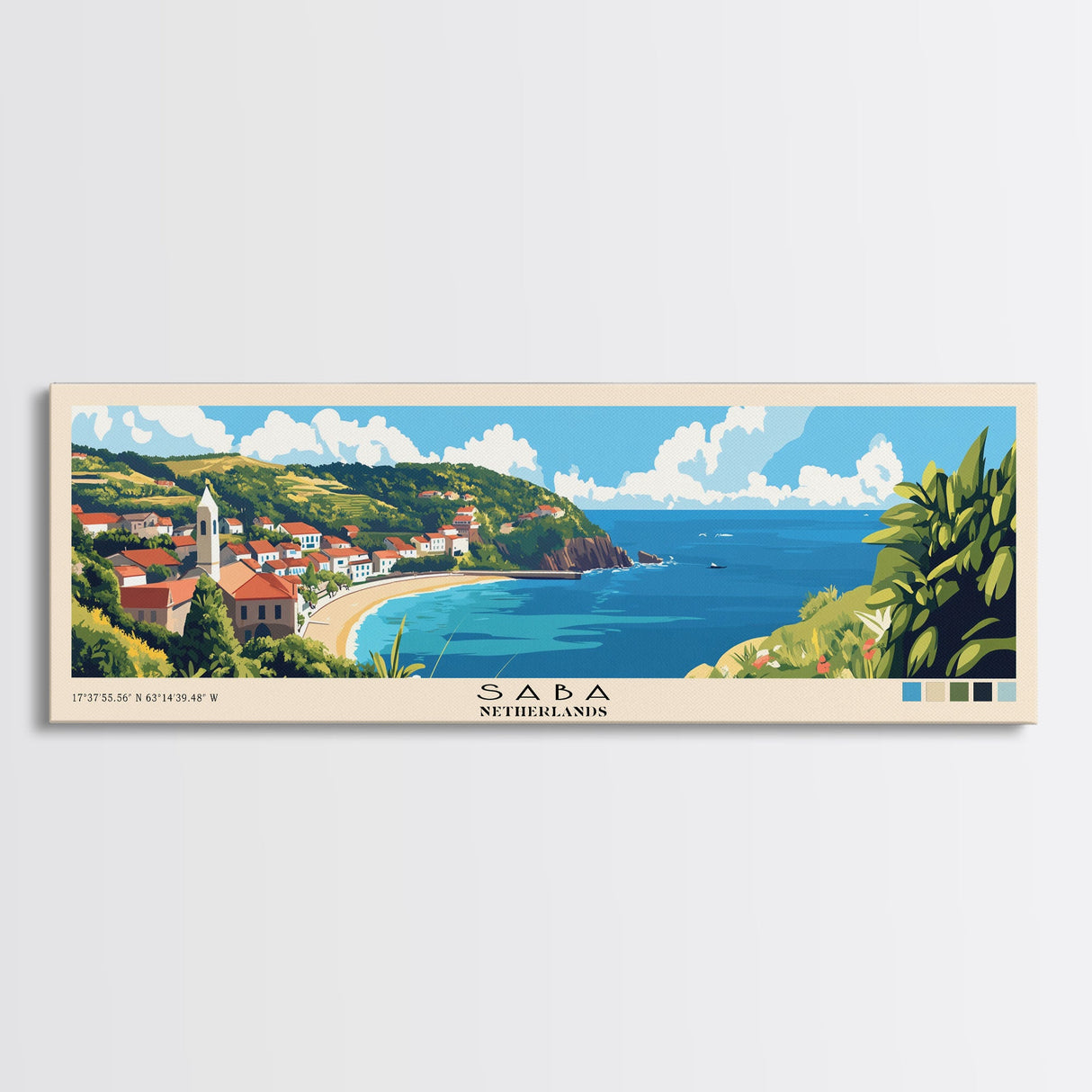 Saba, Netherlands Panoramic Print, Vacation Gift, Netherlands Wall Art, Beach Painting, Beach Decor, Large Wall Art, Wood Frame Art