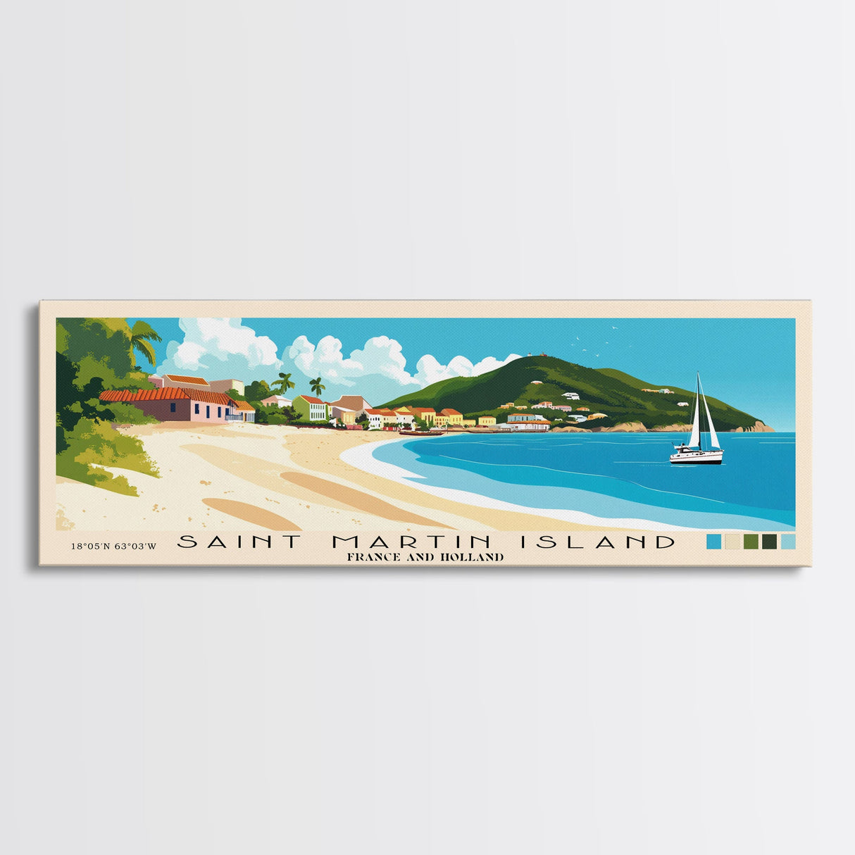 Saint Martin Island, France and Holland Panoramic Beach Print, Vacation Gift, France and Holland Wall Art, Beach Painting, Beach Decor, Beach Painting