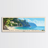 San Fruttuoso Beach, Italy Panoramic Print, Vacation Gift, Italy Wall Art, Beach Painting, Beach Decor, Large Wall Art, Wood Frame Art