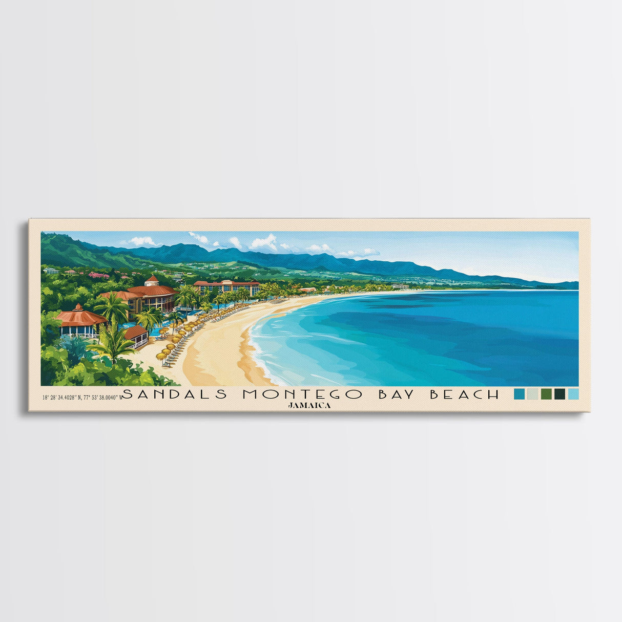 Sandals Montego Bay Beach, Jamaica Panoramic Print, Vacation Gift, Jamaica Wall Art, Beach Painting, Beach Decor, Large Wall Art, Wood Frame Art