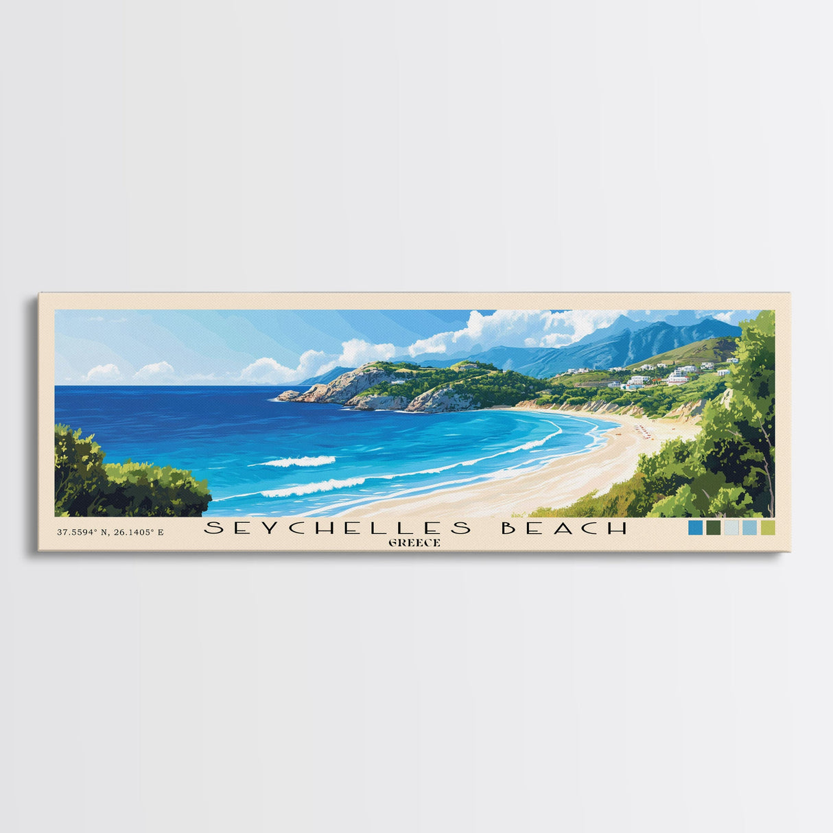 Seychelles Beach, Greece Panoramic Beach Print, Vacation Gift, Greece Wall Art, Framed Canvas Print, Framed Beach Painting