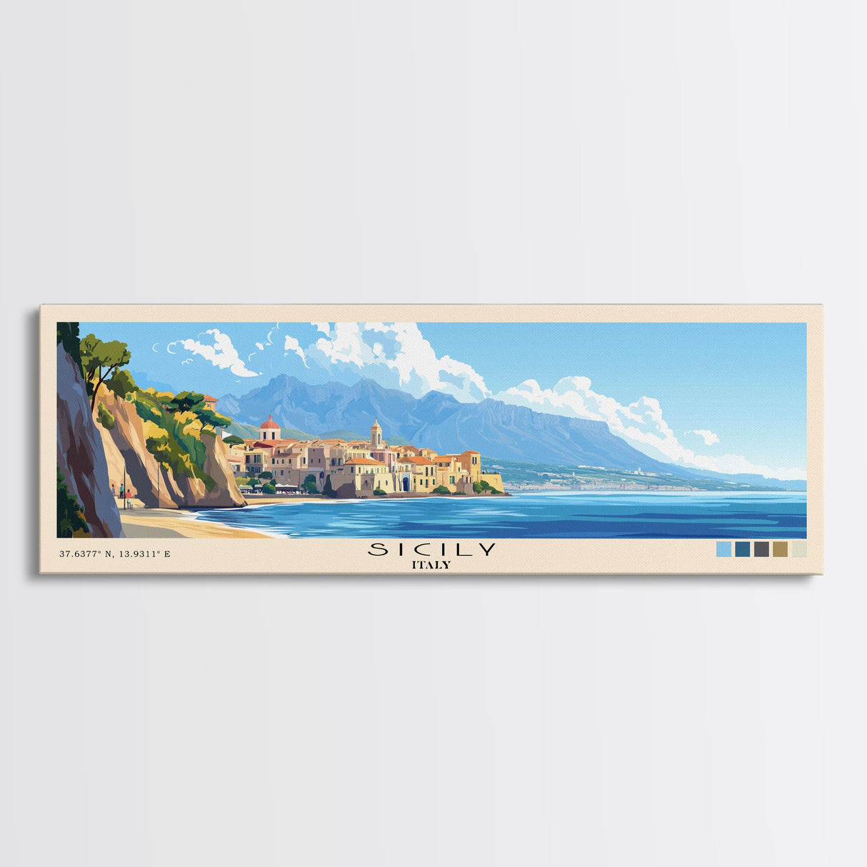 Sicily, Italy Panoramic Beach Print, Vacation Gift, Italy Wall Art, Beach Painting, Beach Decor, Beach Painting