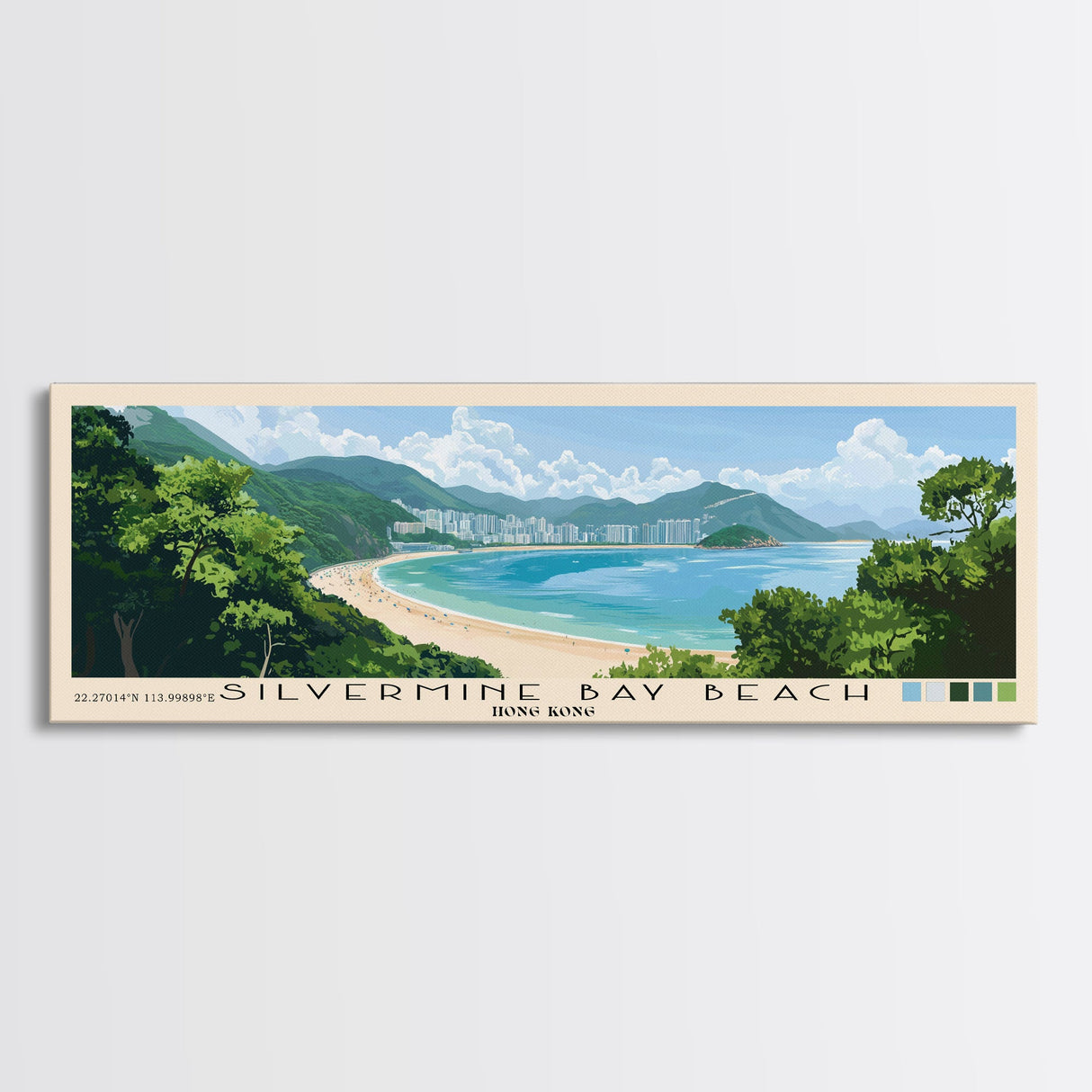 Silvermine Bay Beach, Hong Kong Panoramic Beach Print, Vacation Gift, Hong Kong Wall Art, Framed Canvas Print, Framed Beach Painting