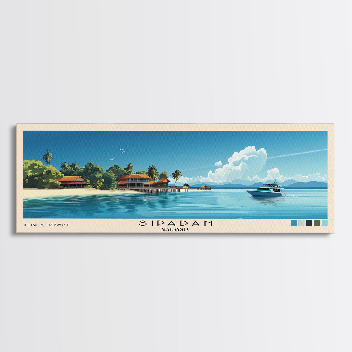 Sipadan, Malaysia Panoramic Print, Vacation Gift, Malaysia Wall Art, Beach Painting, Beach Decor, Large Wall Art, Wood Frame Art