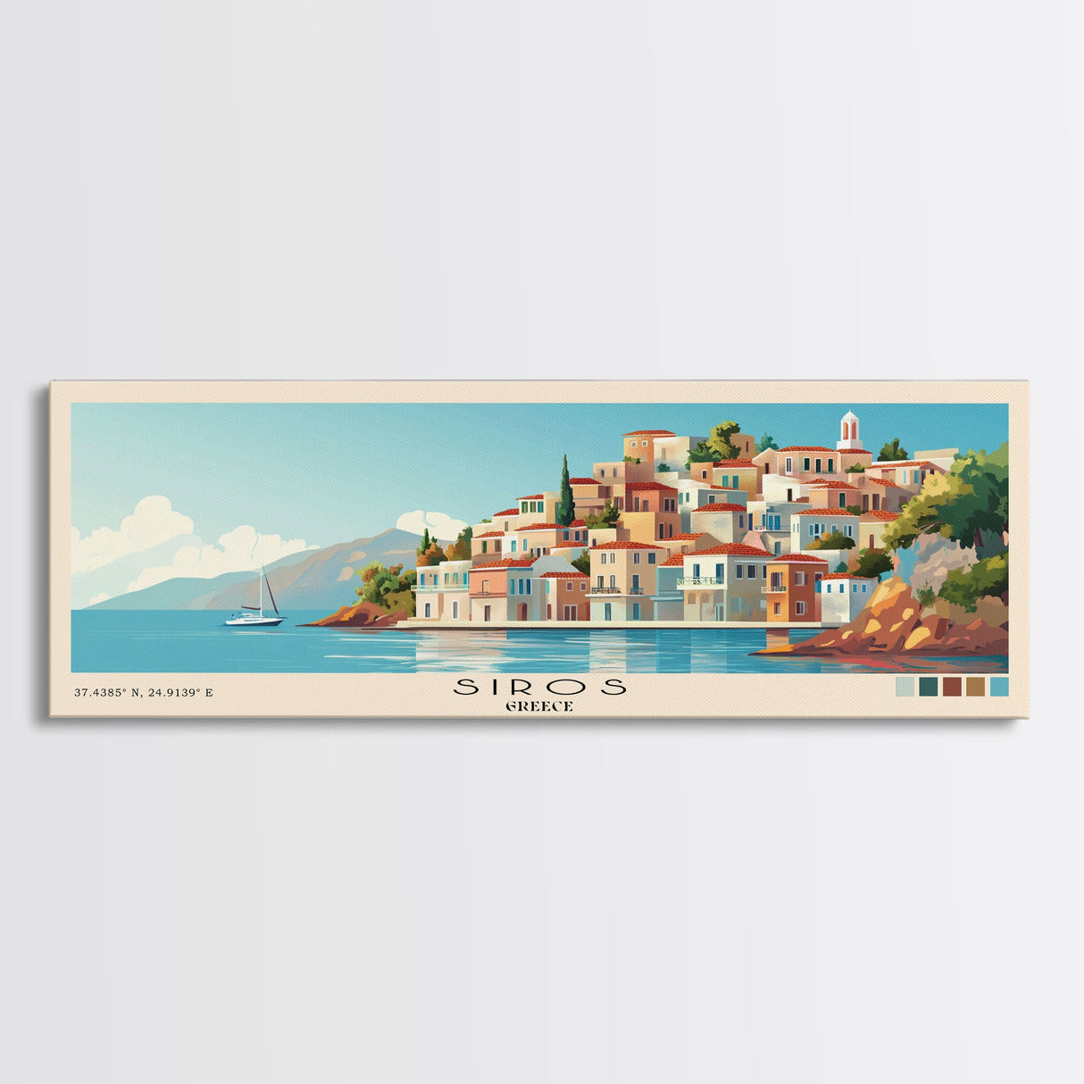 Siros, Greece Panoramic Print, Vacation Gift, Greece Wall Art, Beach Painting, Beach Decor, Beach Or Lakehouse Art