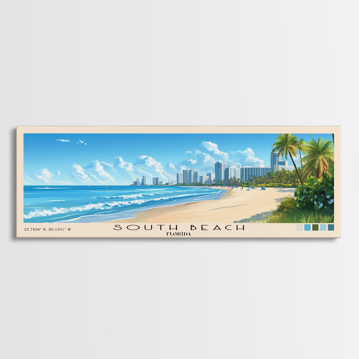 South Beach, Florida Panoramic Print, Vacation Gift, Florida Wall Art, Beach Painting, Beach Decor, Beach Or Lakehouse Art