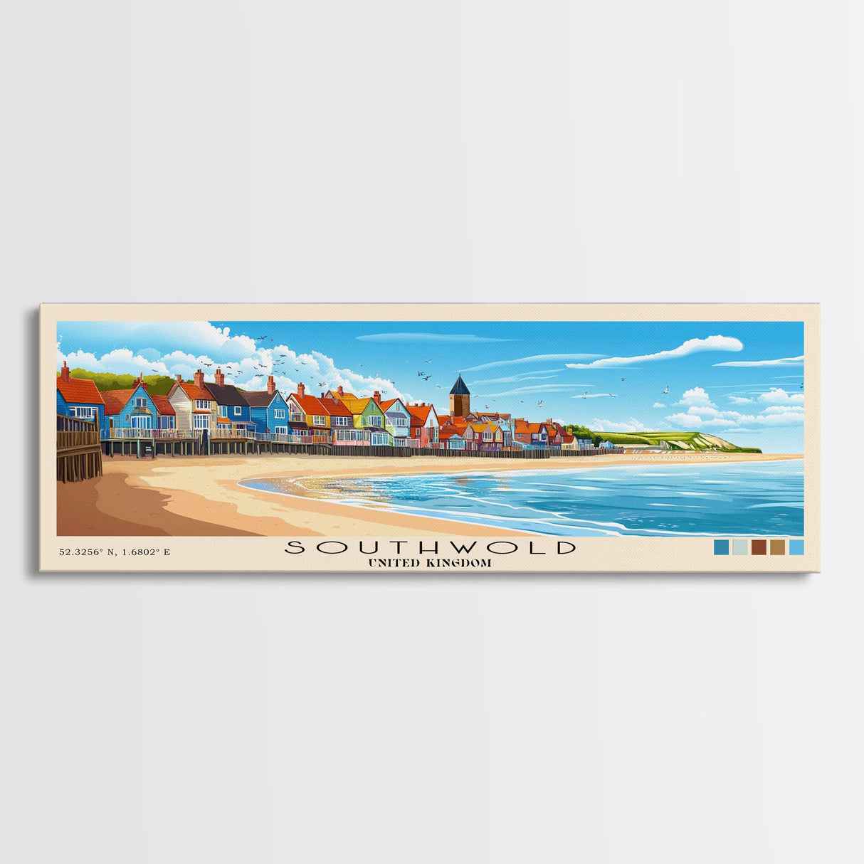 Southwold, United Kingdom Panoramic Print, Vacation Gift, United Kingdom Wall Art, Beach Painting, Beach Decor, Beach Or Lakehouse Art