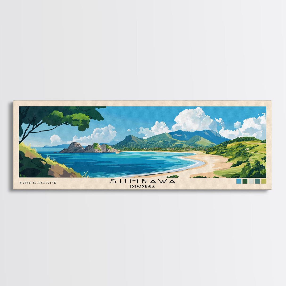 Sumbawa, Indonesia Panoramic Beach Print, Vacation Gift, Indonesia Wall Art, Beach Painting, Beach Decor, Beach Painting