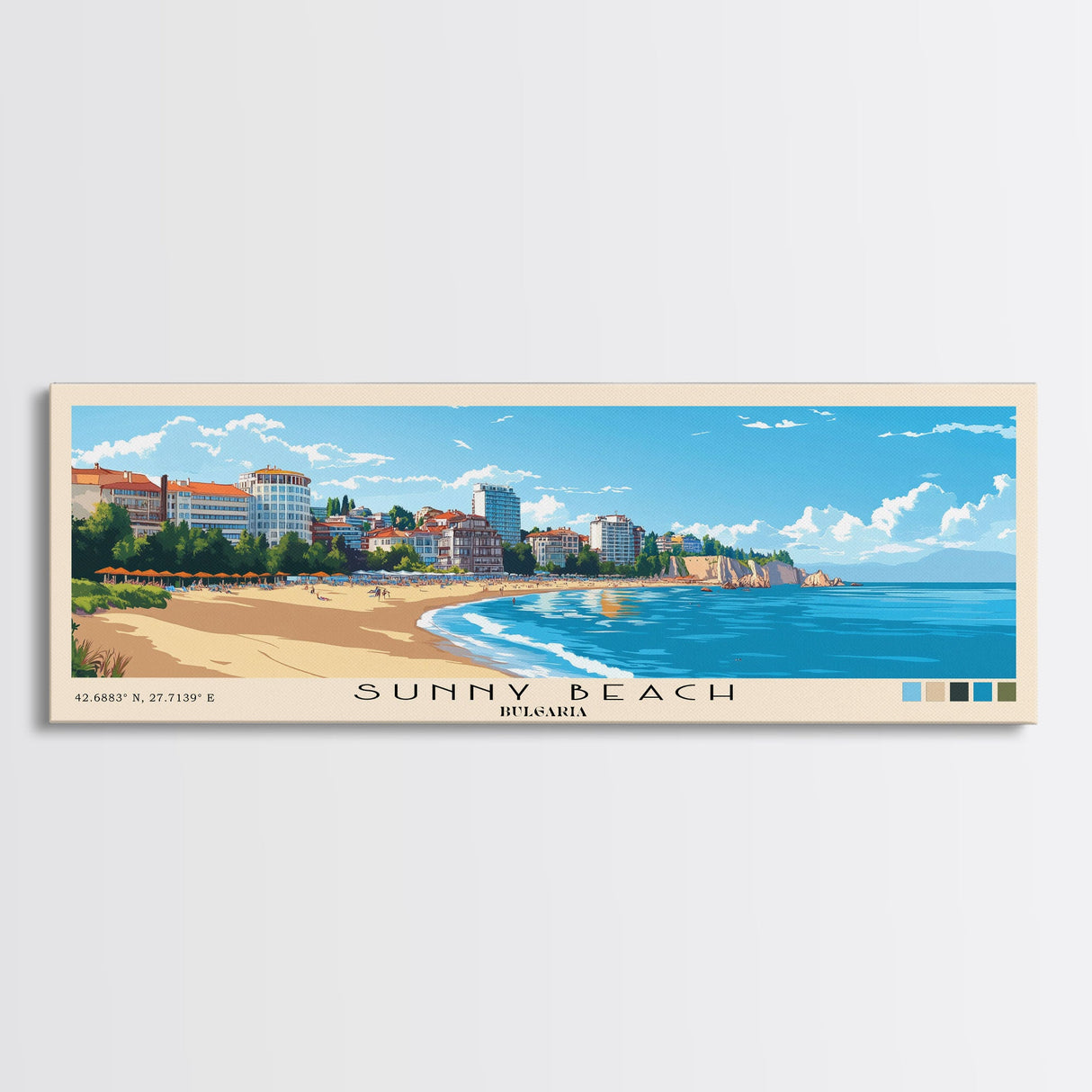 Sunny Beach, Bulgaria Panoramic Print, Vacation Gift, Bulgaria Wall Art, Beach Painting, Beach Decor, Beach Or Lakehouse Art