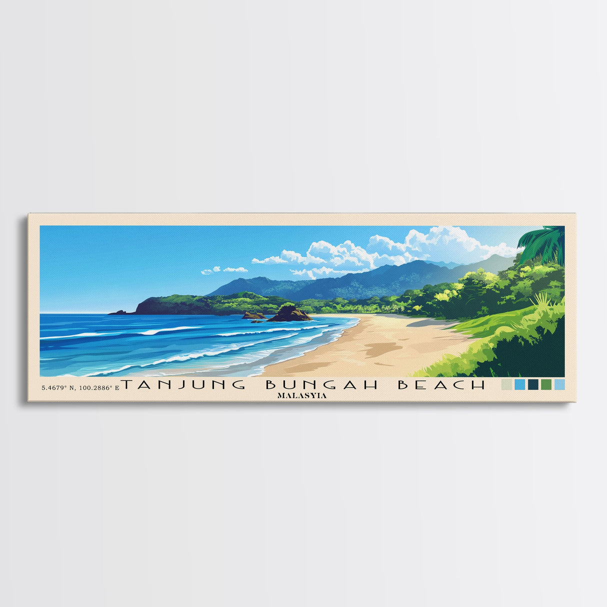 Tanjung Bungah Beach, Malasyia Panoramic Print, Vacation Gift, Malasyia Wall Art, Beach Painting, Beach Decor, Beach Or Lakehouse Art