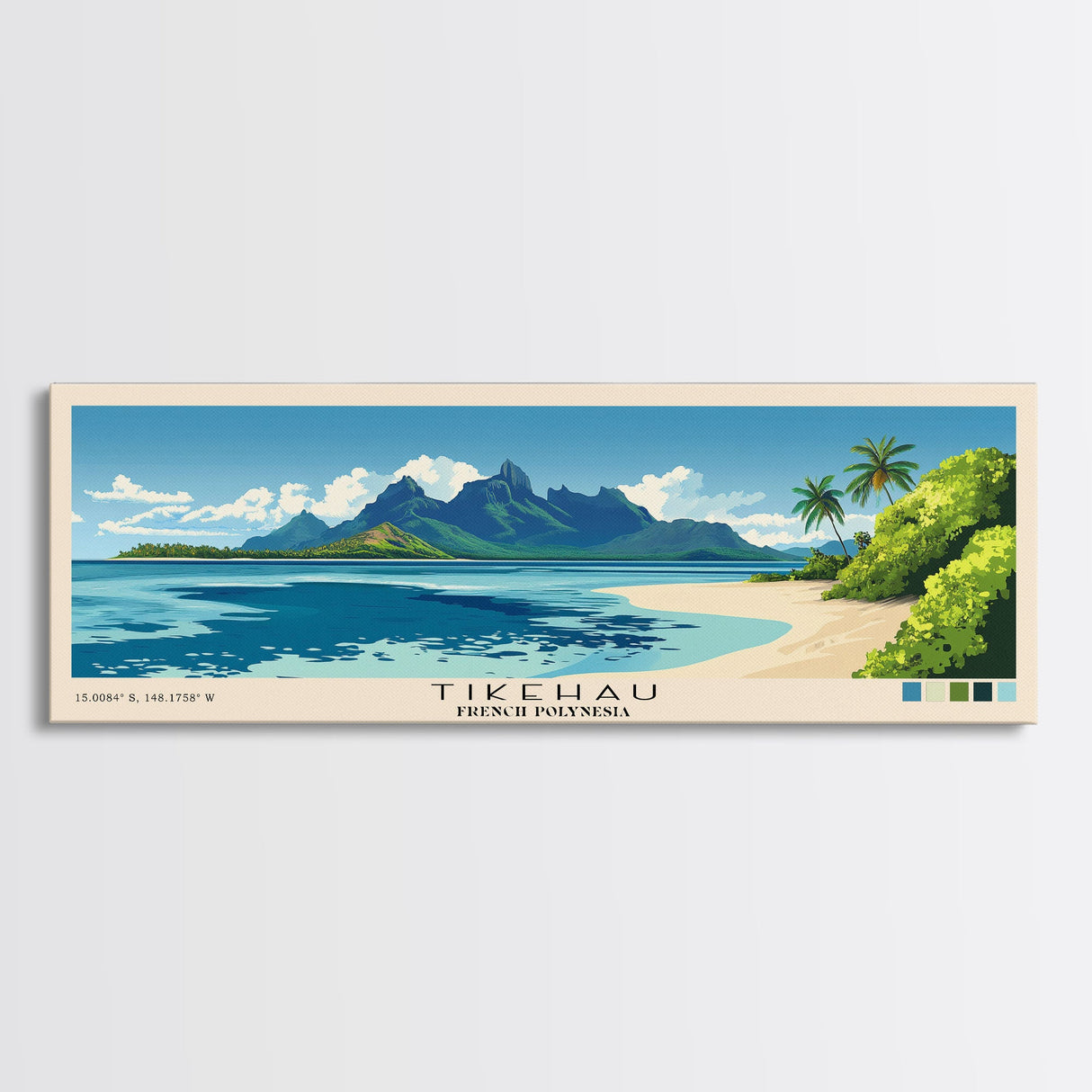 Tikehau, French Polynesia Panoramic Print, Vacation Gift, French Polynesia Wall Art, Beach Painting, Beach Decor, Large Wall Art, Wood Frame Art