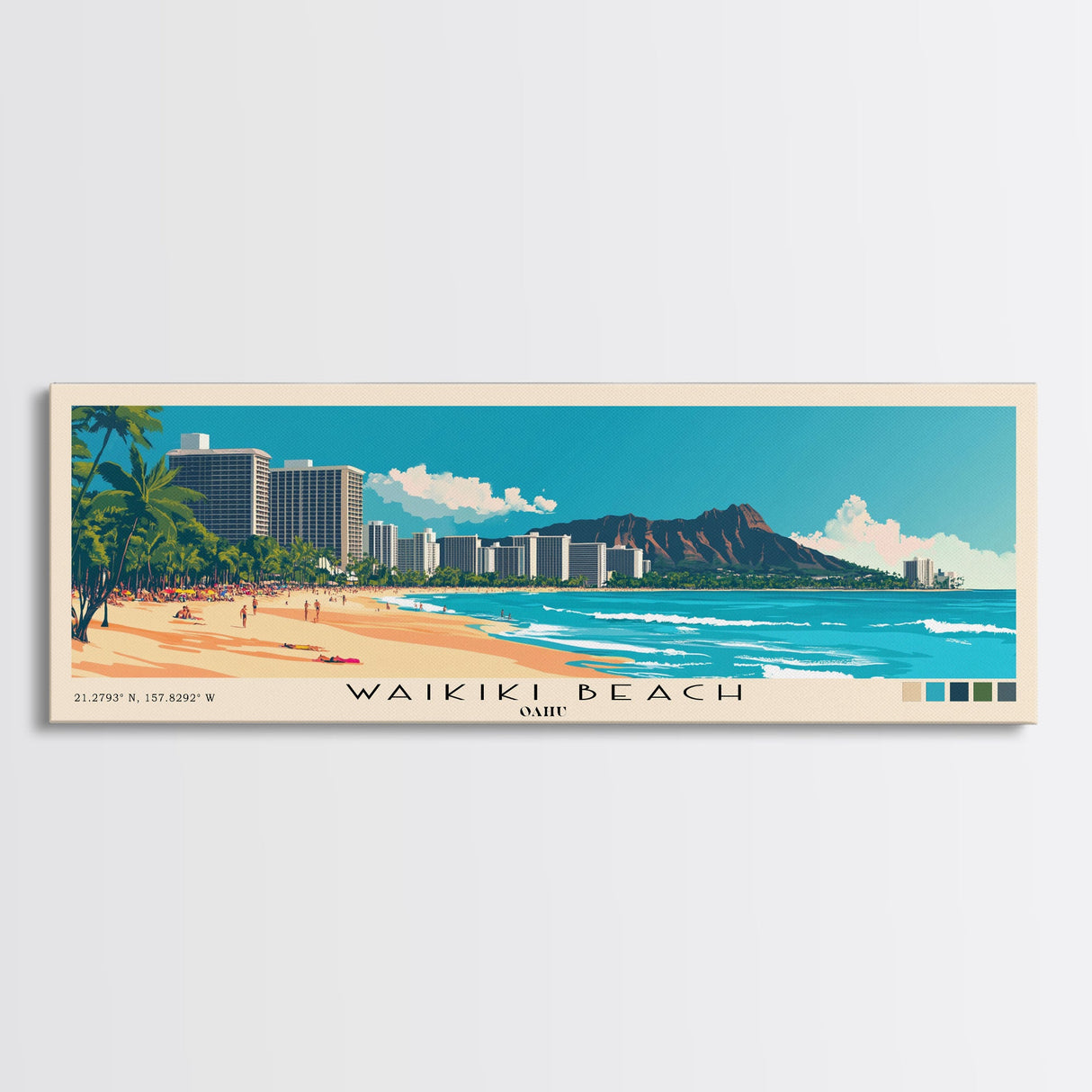 Waikiki Beach, Oahu Panoramic Beach Print, Vacation Gift, Oahu Wall Art, Beach Painting, Beach Decor, Beach Painting