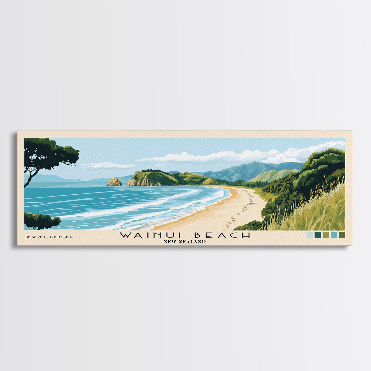 Wainui Beach, New Zealand Panoramic Beach Print, Vacation Gift, New Zealand Wall Art, Framed Canvas Print, Framed Beach Painting