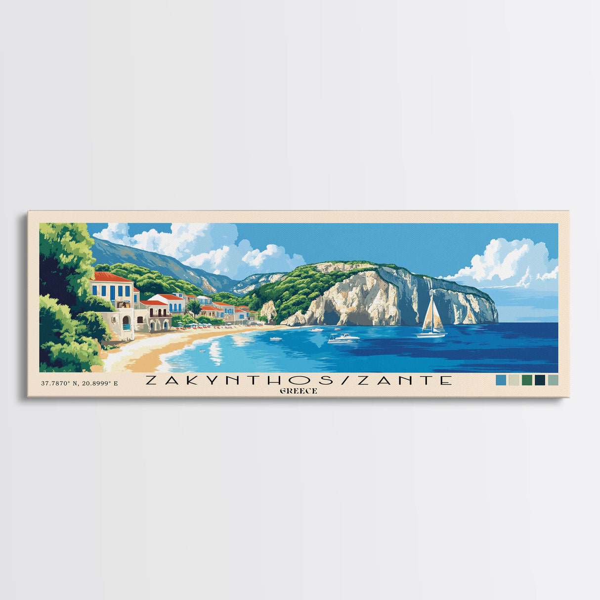 Zakynthos/Zante, Greece Panoramic Beach Print, Vacation Gift, Greece Wall Art, Framed Canvas Print, Framed Beach Painting