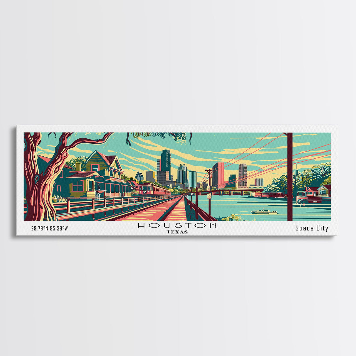 Houston Texas Panoramic Travel Poster Framed Canvas Print, Mid Century Modern Art, Pop Art Style, Wall Art, Living Room Decor, Home Decor, Retro Style Art