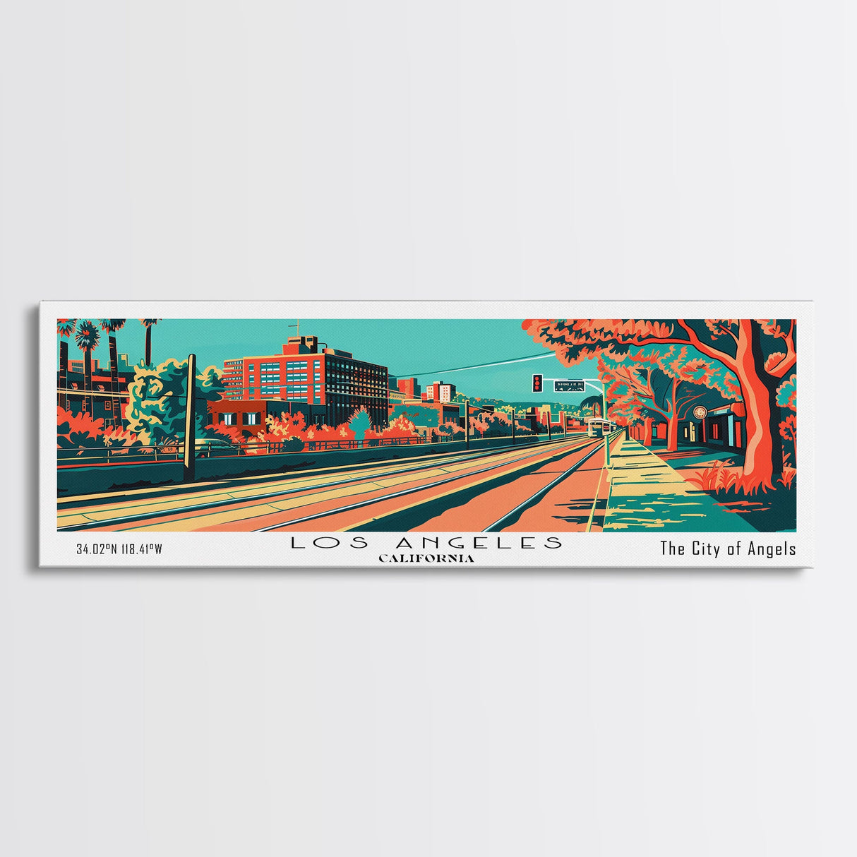 Los Angeles California Panoramic Wall Art Framed Canvas Print, Travel Poster, Mid Century Modern Art, Pop Art Style, Home Decor, Living Room Art