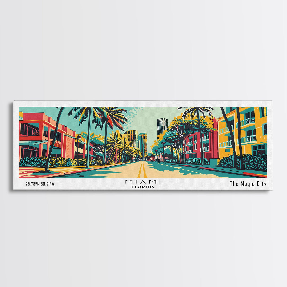 Miami Florida Panoramic Painting Framed Canvas Print, Travel Poster, Mid Century Modern Art, Pop Art Style, Wall Decor, Office Wall Art