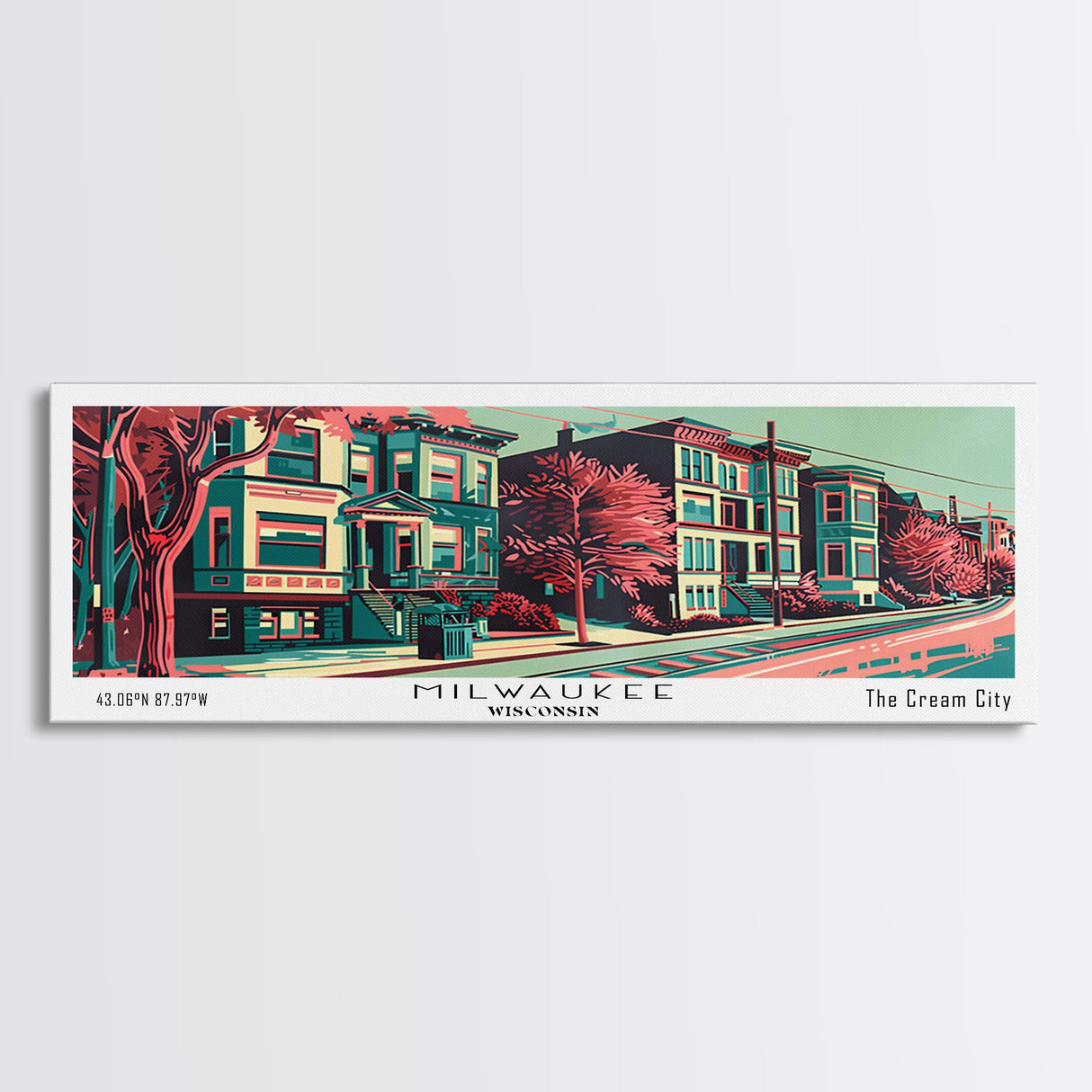 Milwaukee Wisconsin Panoramic Travel Poster Framed Canvas Print, Mid Century Modern Art, Pop Art Style, Wall Art, Living Room Decor, Home Decor