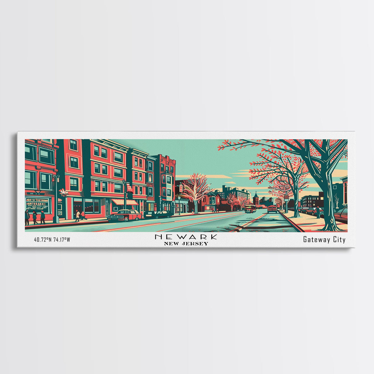 Newark New Jersey Panoramic Painting Framed Canvas Print, Travel Poster, Mid Century Modern Art, Pop Art Style, Wall Decor, Living Room Art