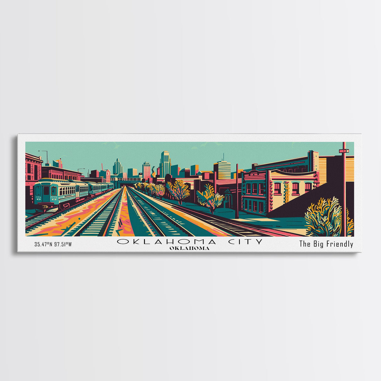 Oklahoma City Oklahoma Panoramic Wall Art Framed Canvas Print, Travel Poster, Mid Century Modern Art, Pop Art Style, Wall Decor, Office Art