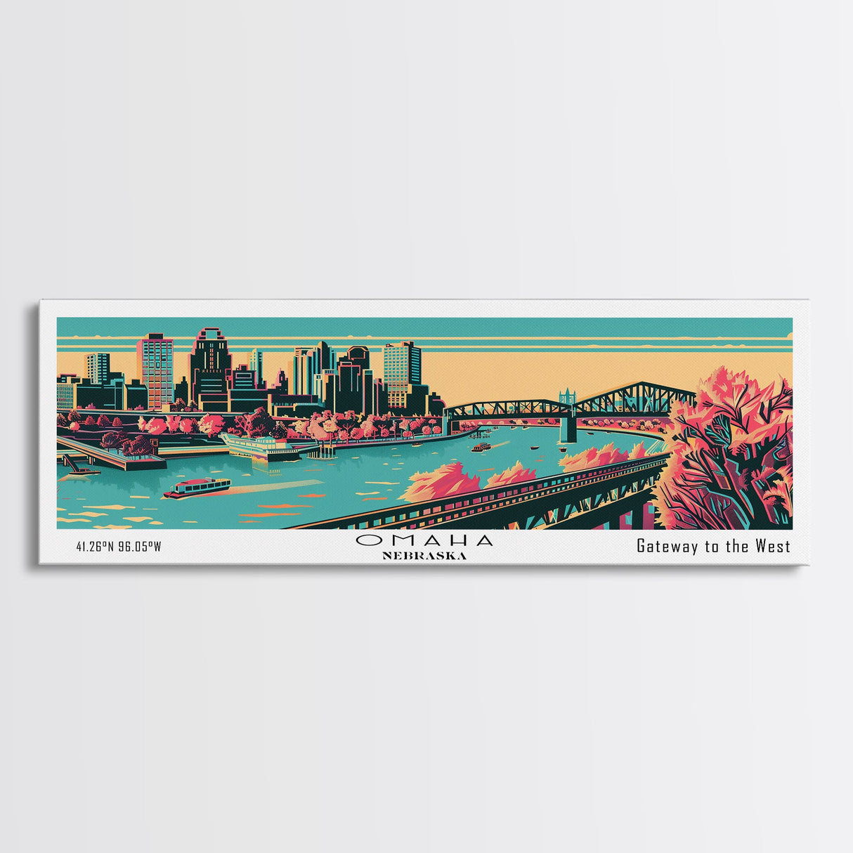 Omaha Nebraska Panoramic Painting Framed Canvas Print, Travel Poster, Mid Century Modern Art, Pop Art Style, Wall Art, Home Decor